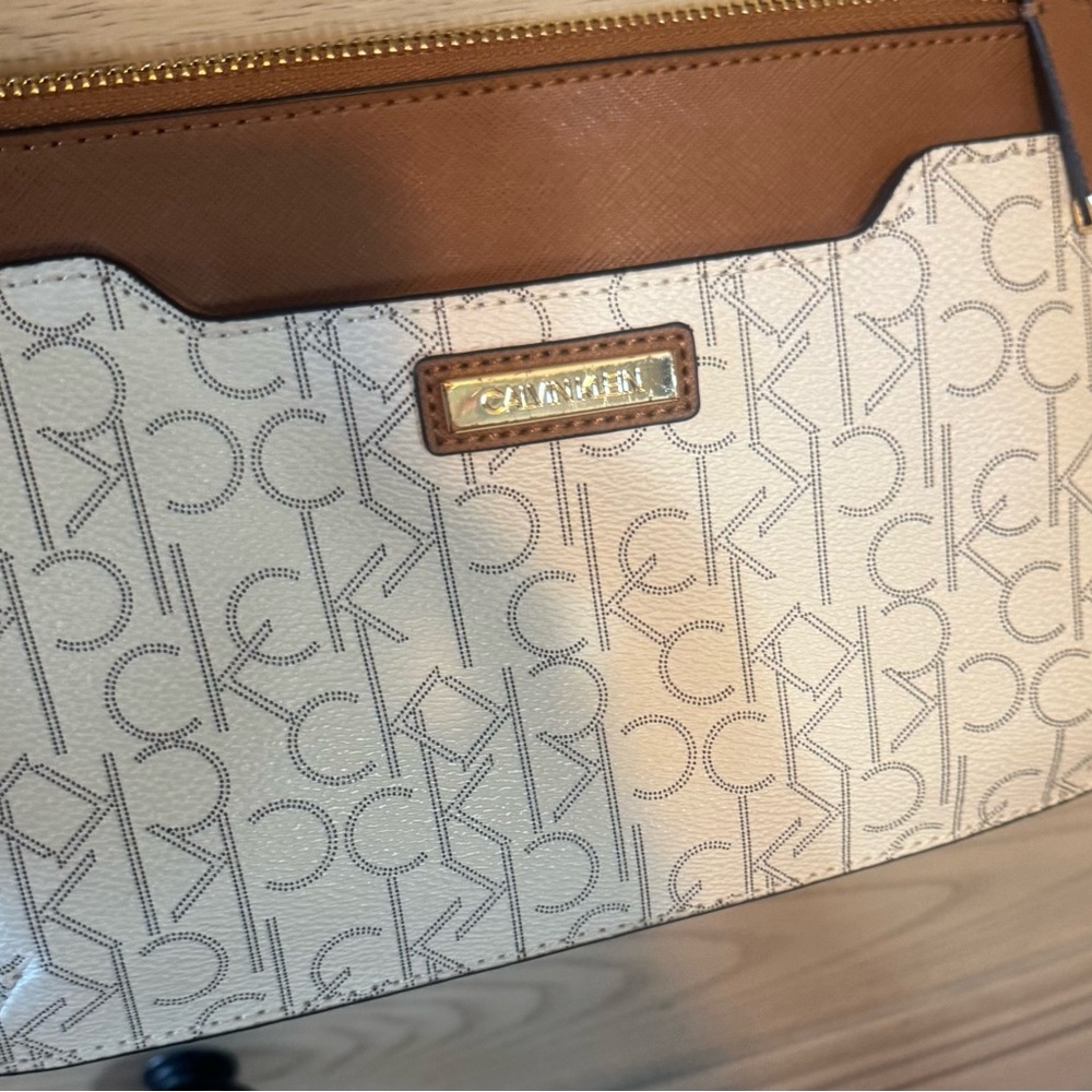 Calvin Klein Brown and Cream Logo Shoulder Bag